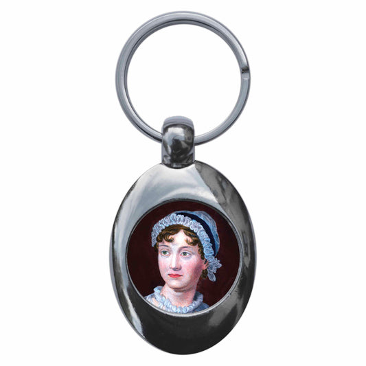 A picture of the front of the product, titled Jane Austen Portrait Metal Keyring With Trolley Coin