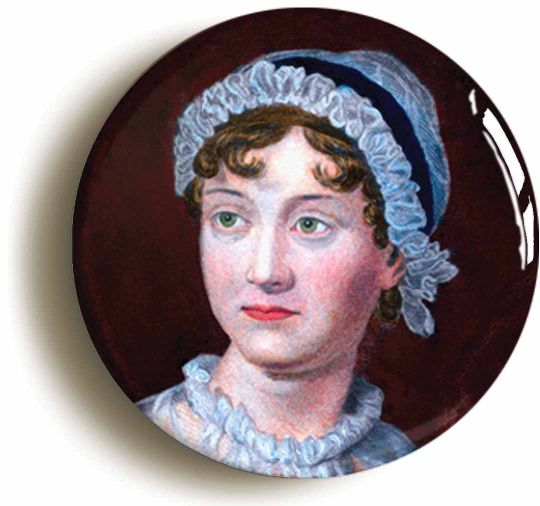 A picture of the front of the product, titled Jane Austen Portrait Circular 50mm Fridge Magnet