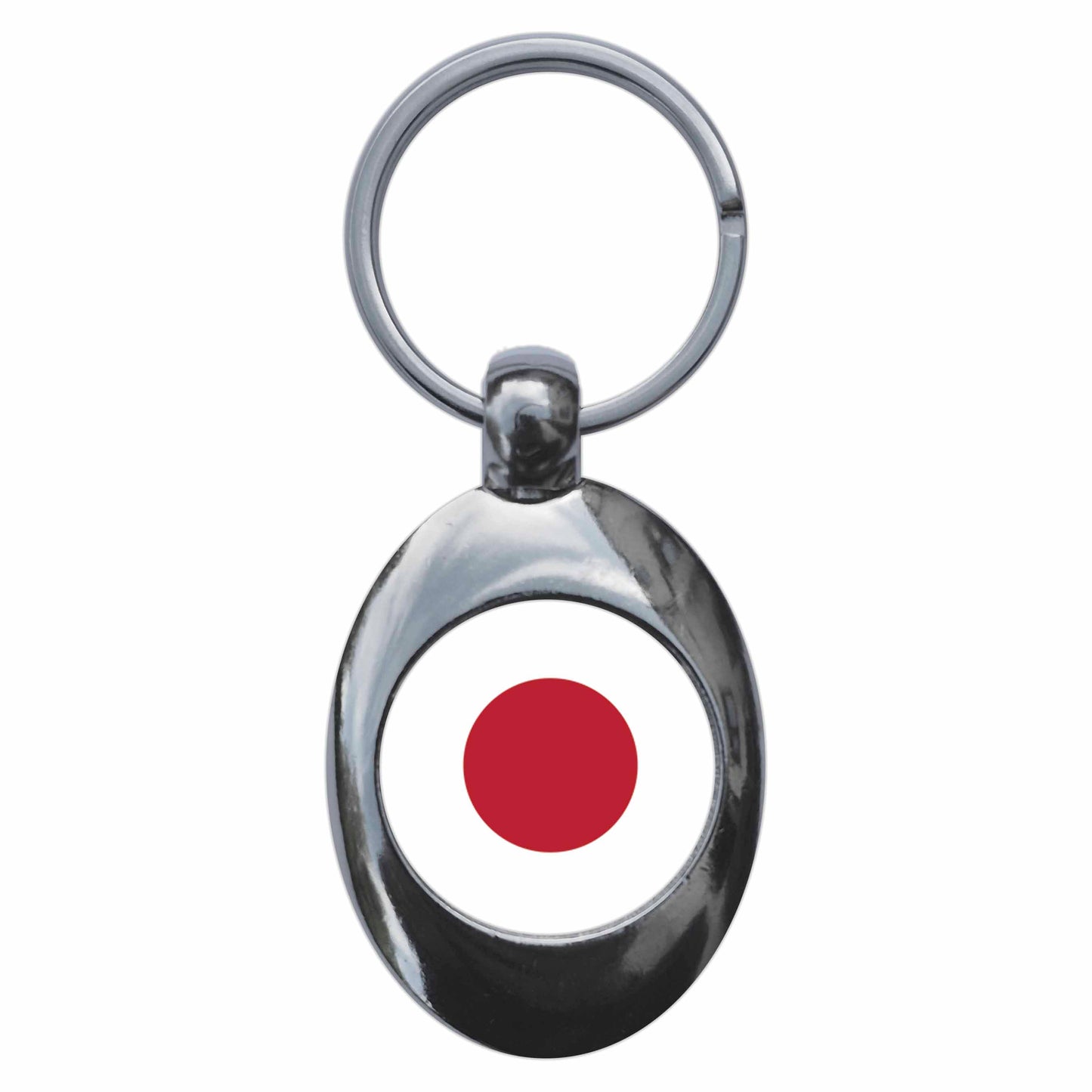 A picture of the front of the product, titled Japan Japanese National Flag Metal Keyring With Trolley Coin
