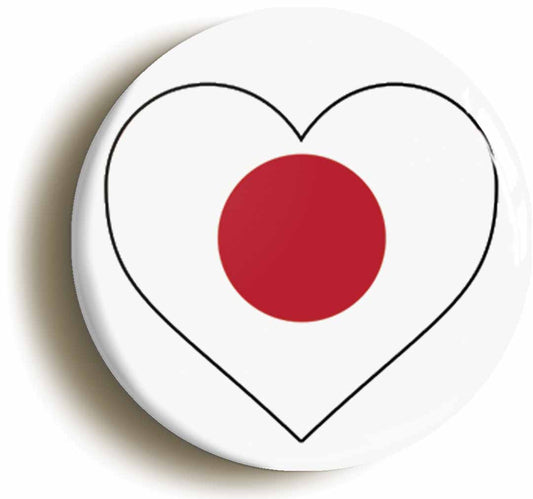 A picture of the front of the product, titled Japan Japanese Flag Heart Button Pin Badge