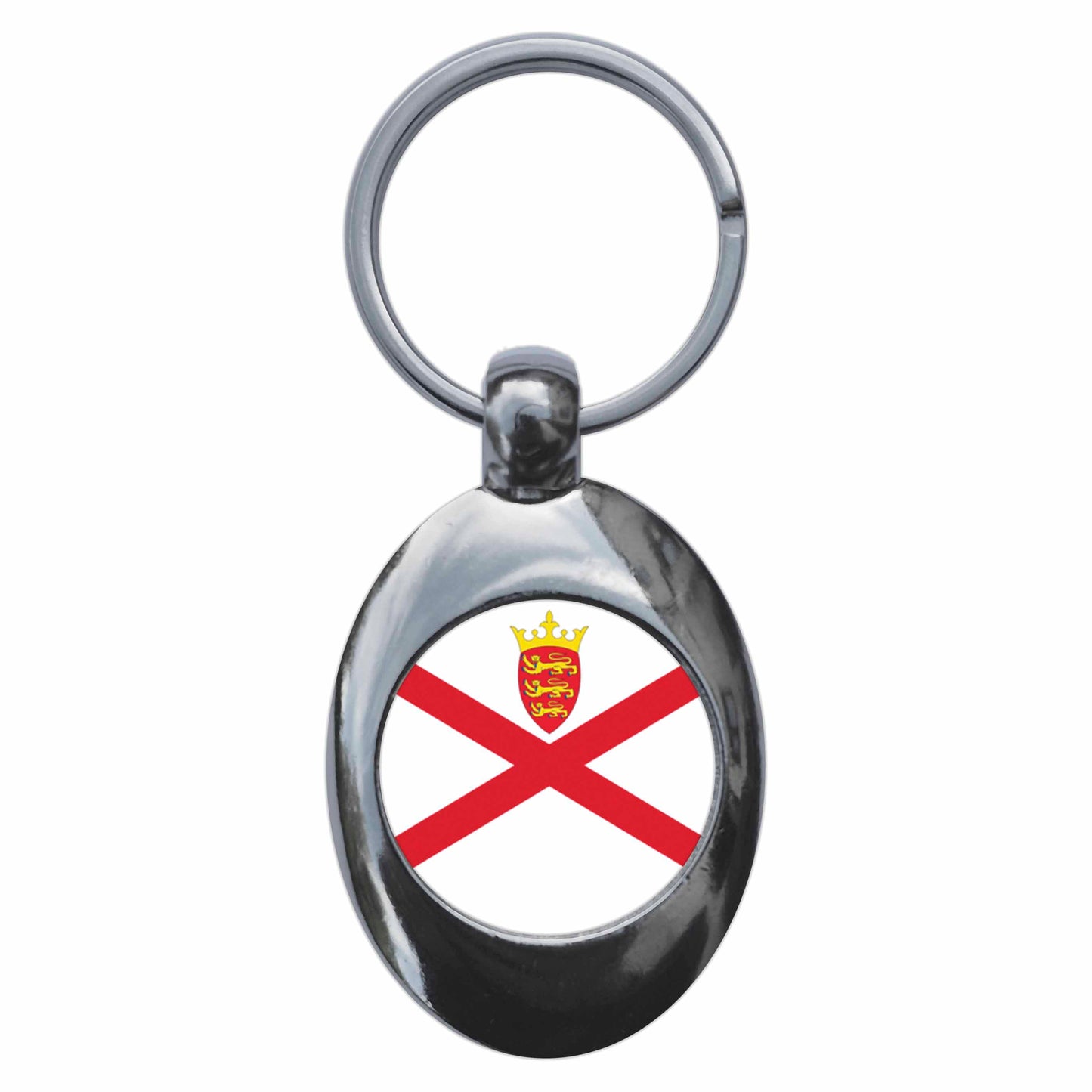 A picture of the front of the product, titled Jersey Channel Islands Flag Metal Keyring With Trolley Coin