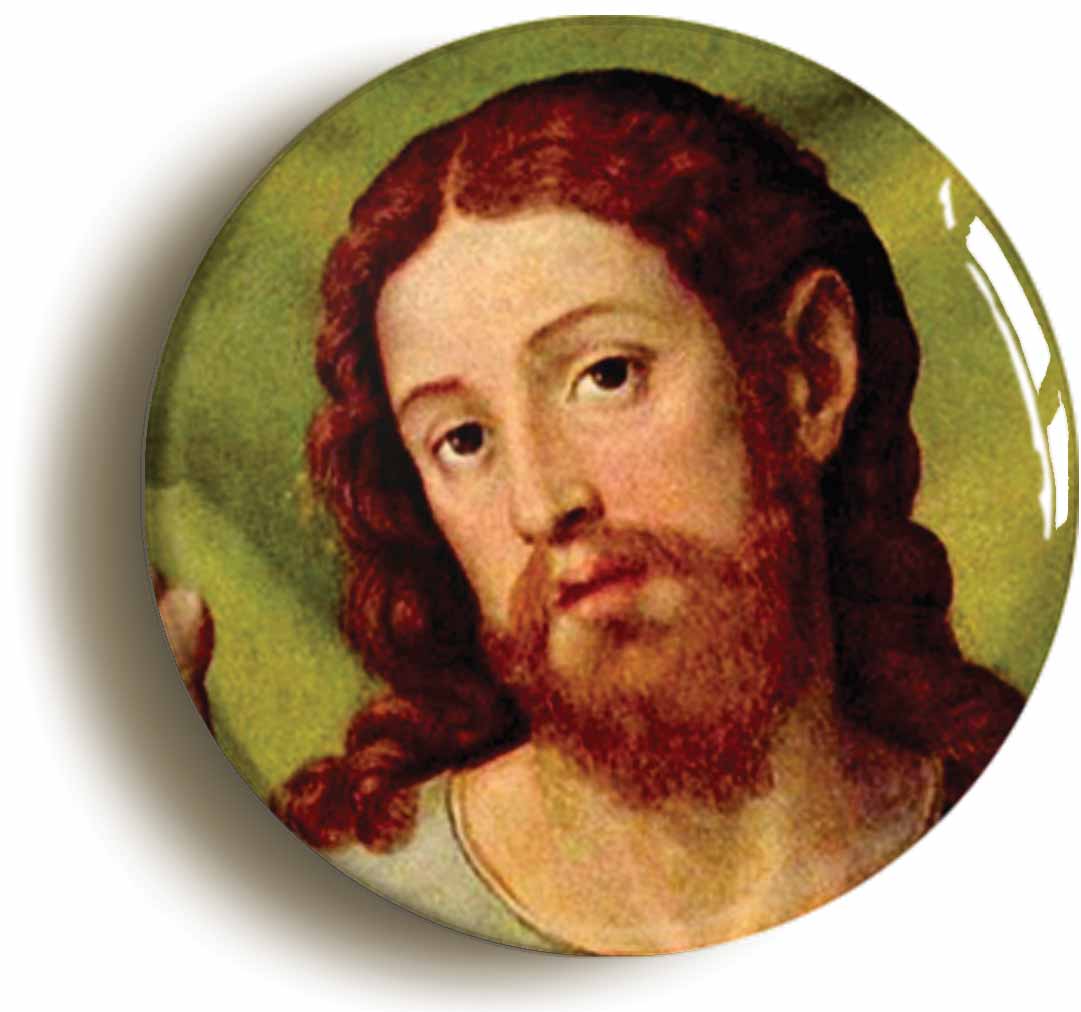 A picture of the front of the product, titled Jesus Christ Portrait Circular 50mm Fridge Magnet