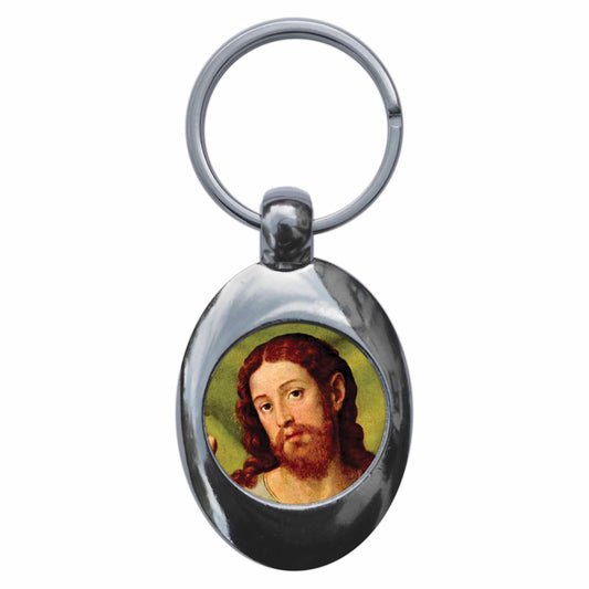A picture of the front of the product, titled Jesus Christ Portrait Metal Keyring With Trolley Coin