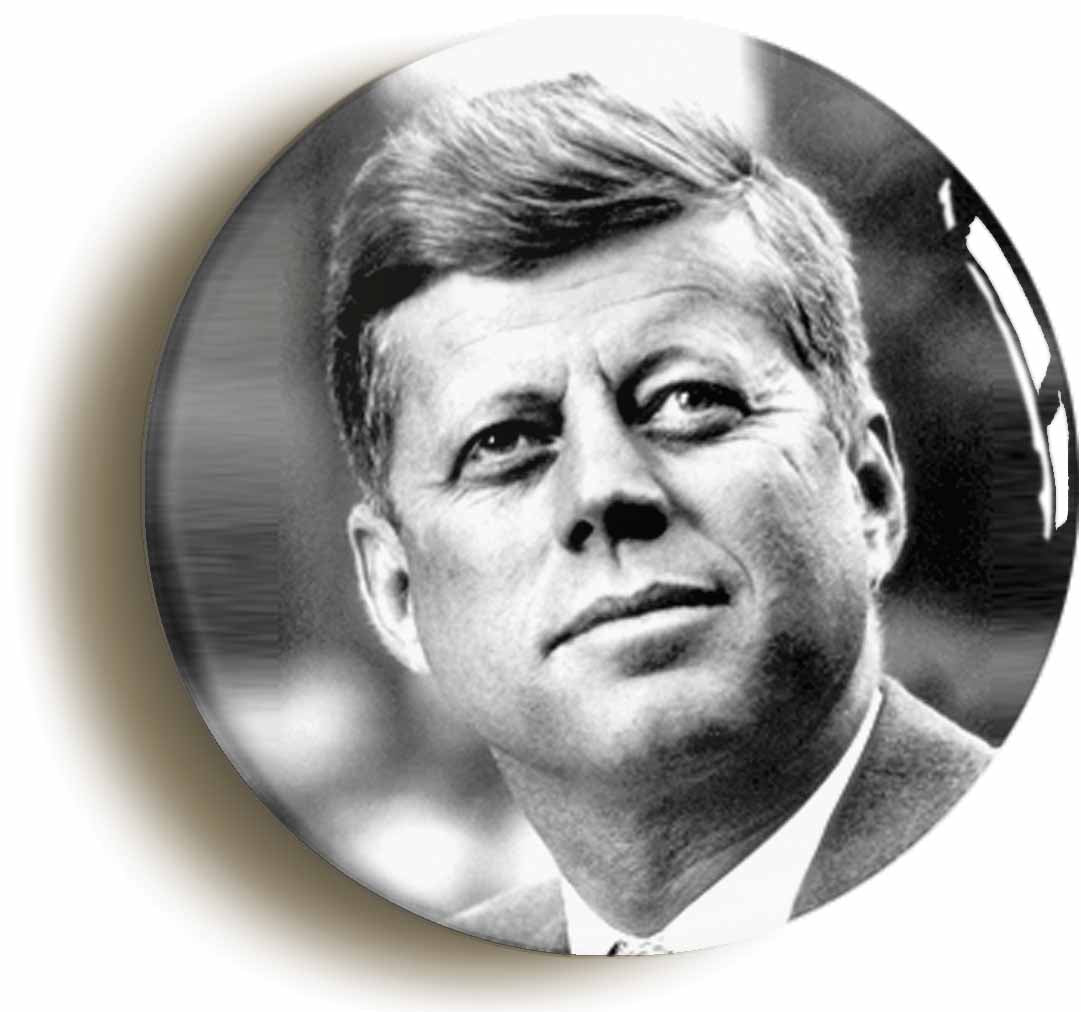 A picture of the front of the product, titled John F Kennedy Jfk Retro Sixties Button Pin Badge