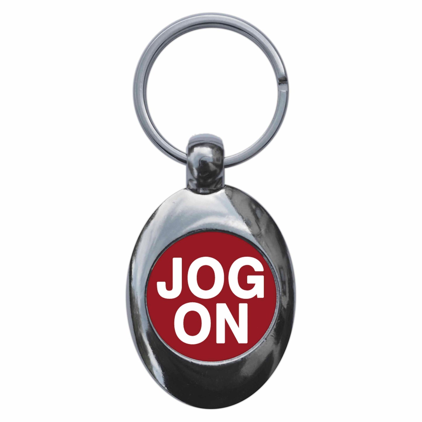 A picture of the front of the product, titled Jog On Metal Keyring With Trolley Coin