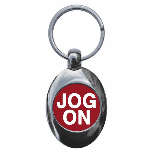 A picture of the front of the product, titled Jog On Metal Keyring With Trolley Coin