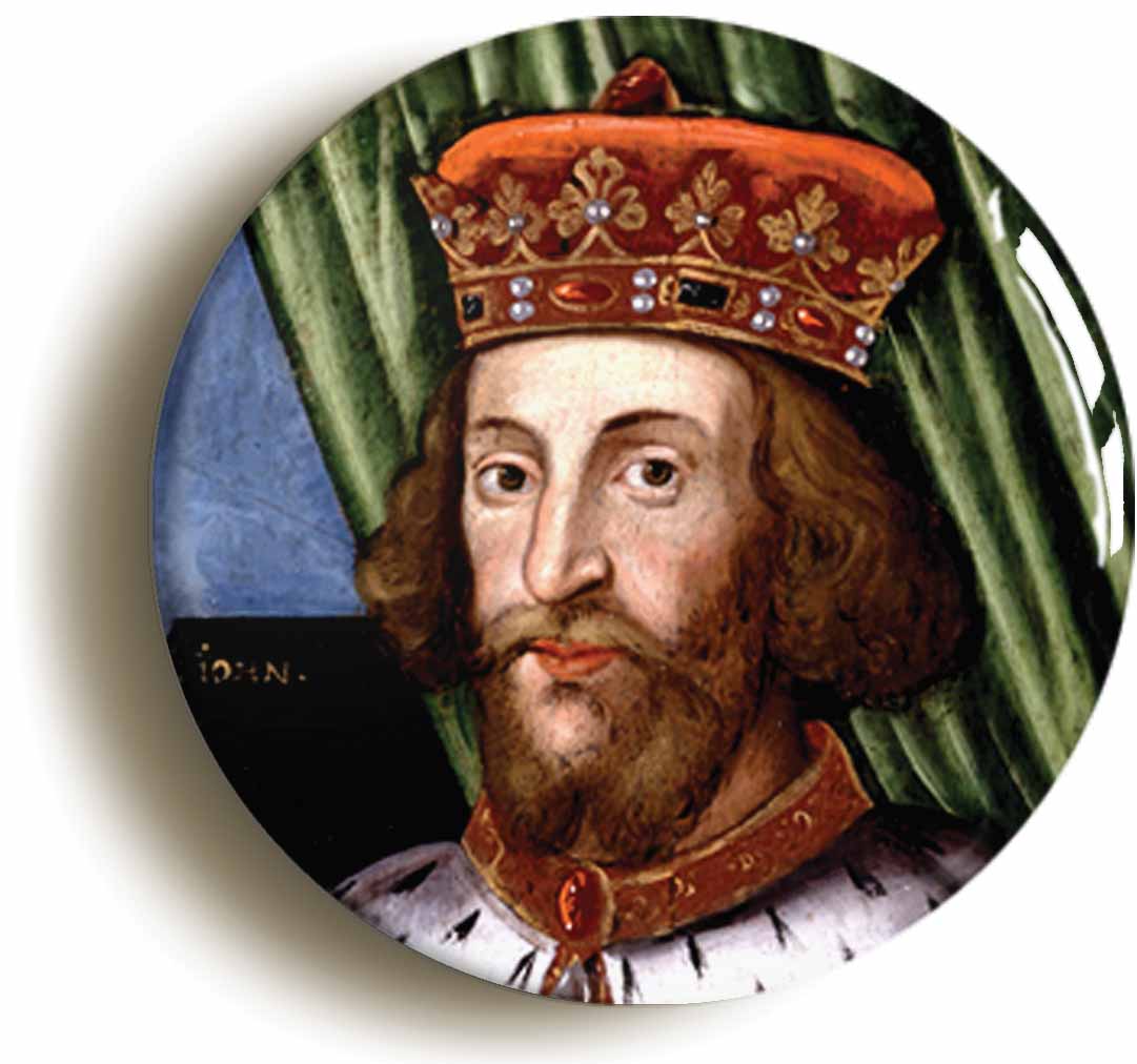 A picture of the front of the product, titled King John Portrait Button Pin Badge