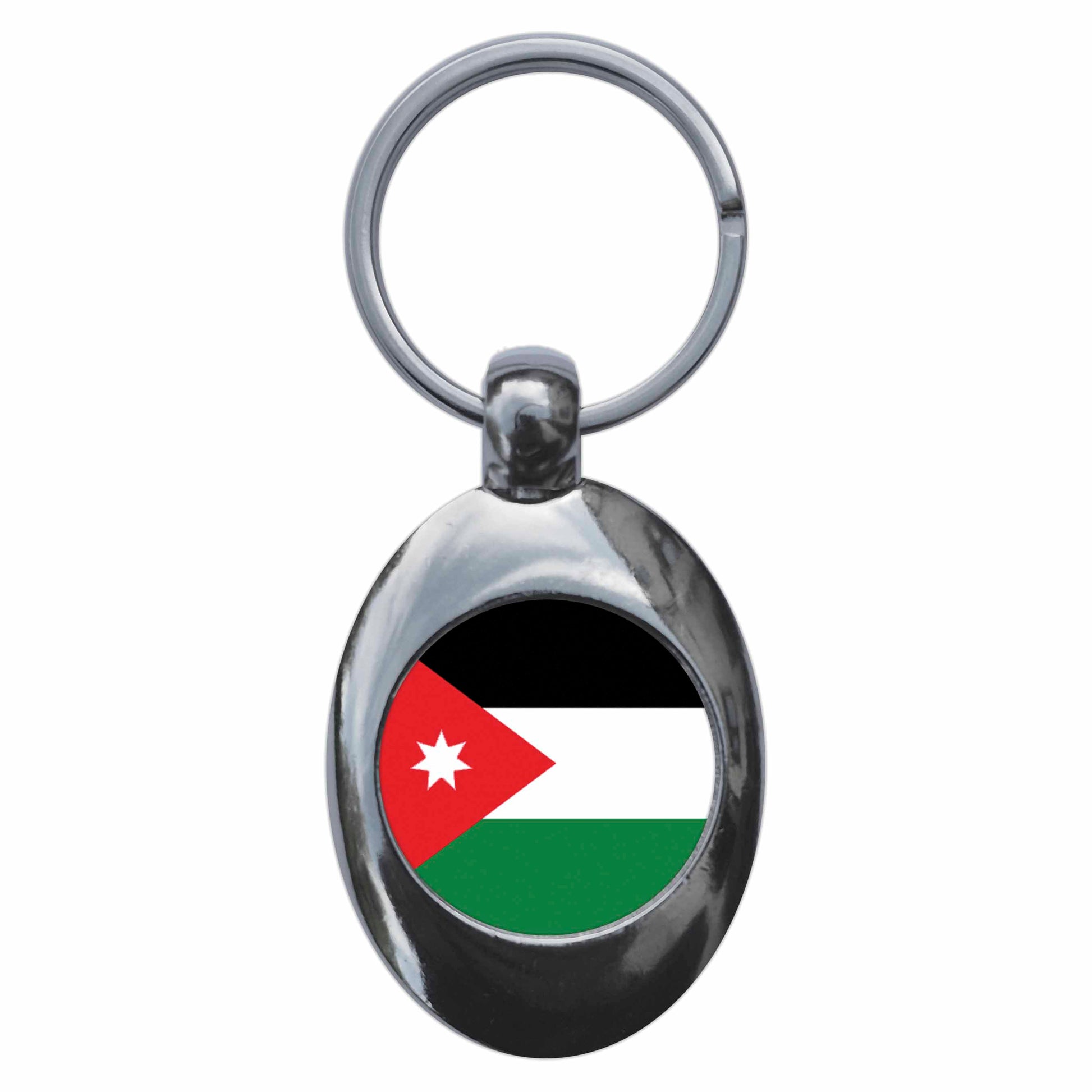 A picture of the front of the product, titled Jordan Jordanian National Flag Metal Keyring With Trolley Coin