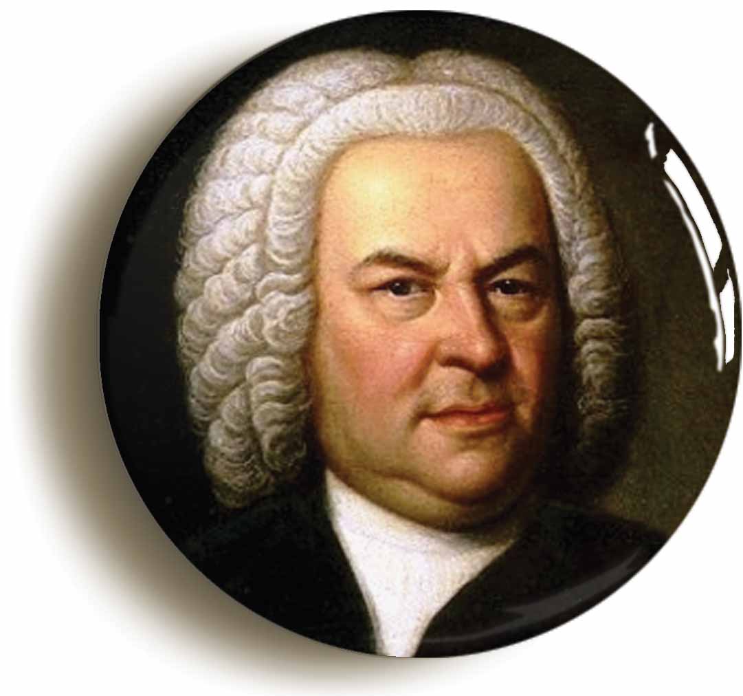 A picture of the front of the product, titled Johann Sebastian Bach Classical Music Button Pin Badge
