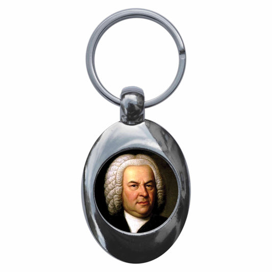 A picture of the front of the product, titled Js Bach Metal Keyring With Trolley Coin