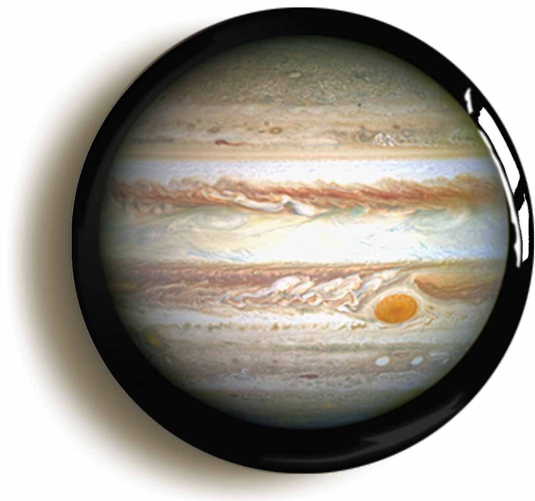 A picture of the front of the product, titled Planet Jupiter Button Pin Badge