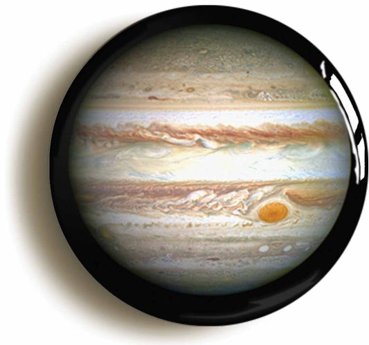 A picture of the front of the product, titled Planet Jupiter Button Pin Badge