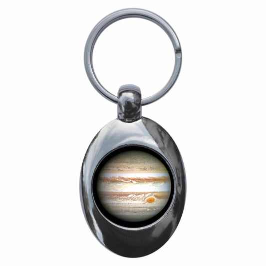 A picture of the front of the product, titled Planet Jupiter Metal Keyring With Trolley Coin
