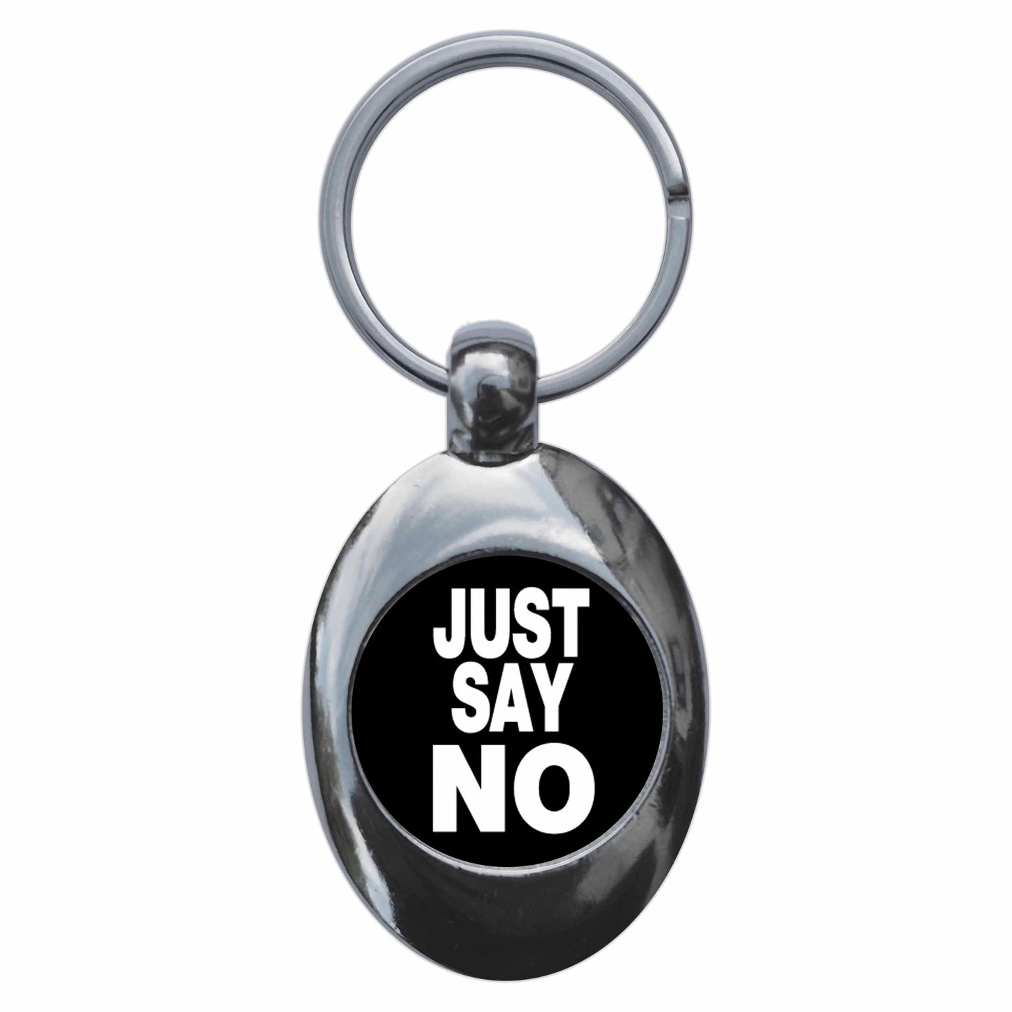 A picture of the front of the product, titled Just Say No Metal Keyring With Trolley Coin
