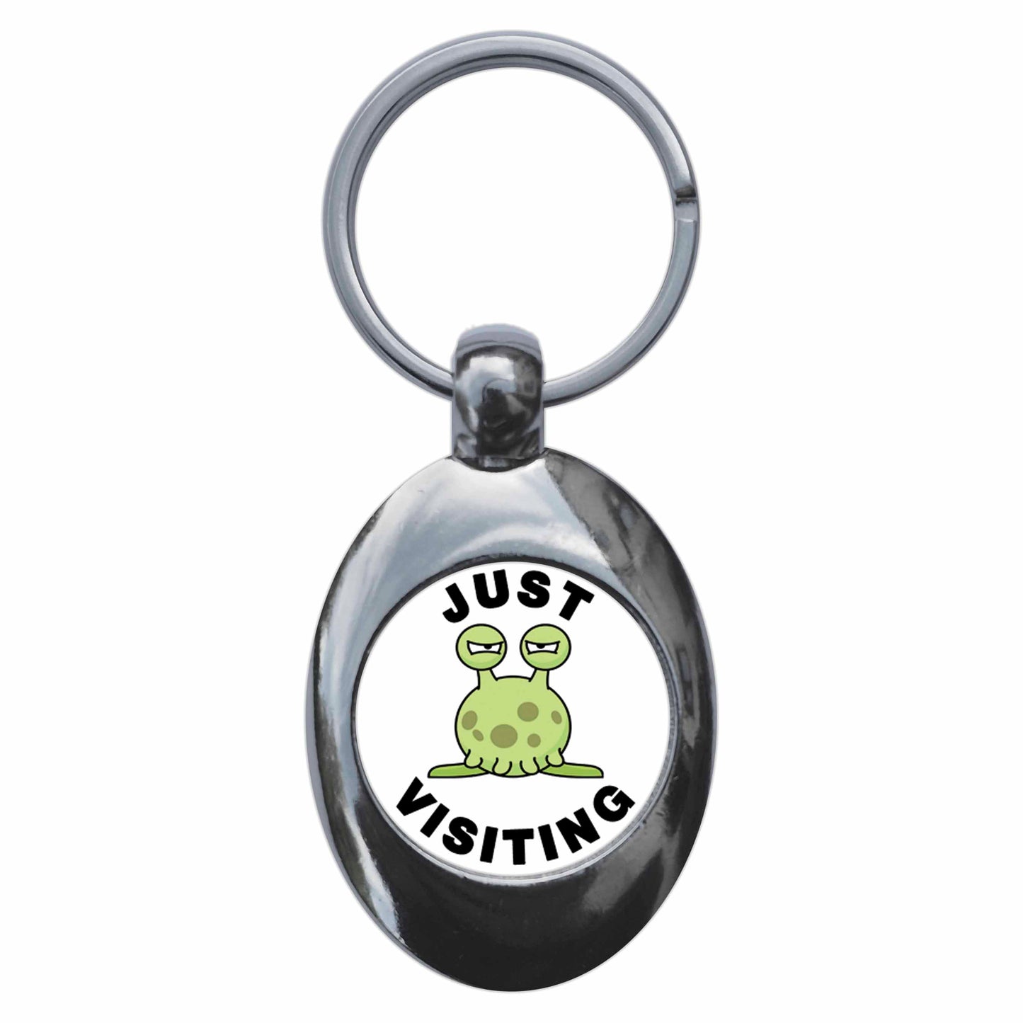 A picture of the front of the product, titled Just Visiting Alien Metal Keyring With Trolley Coin