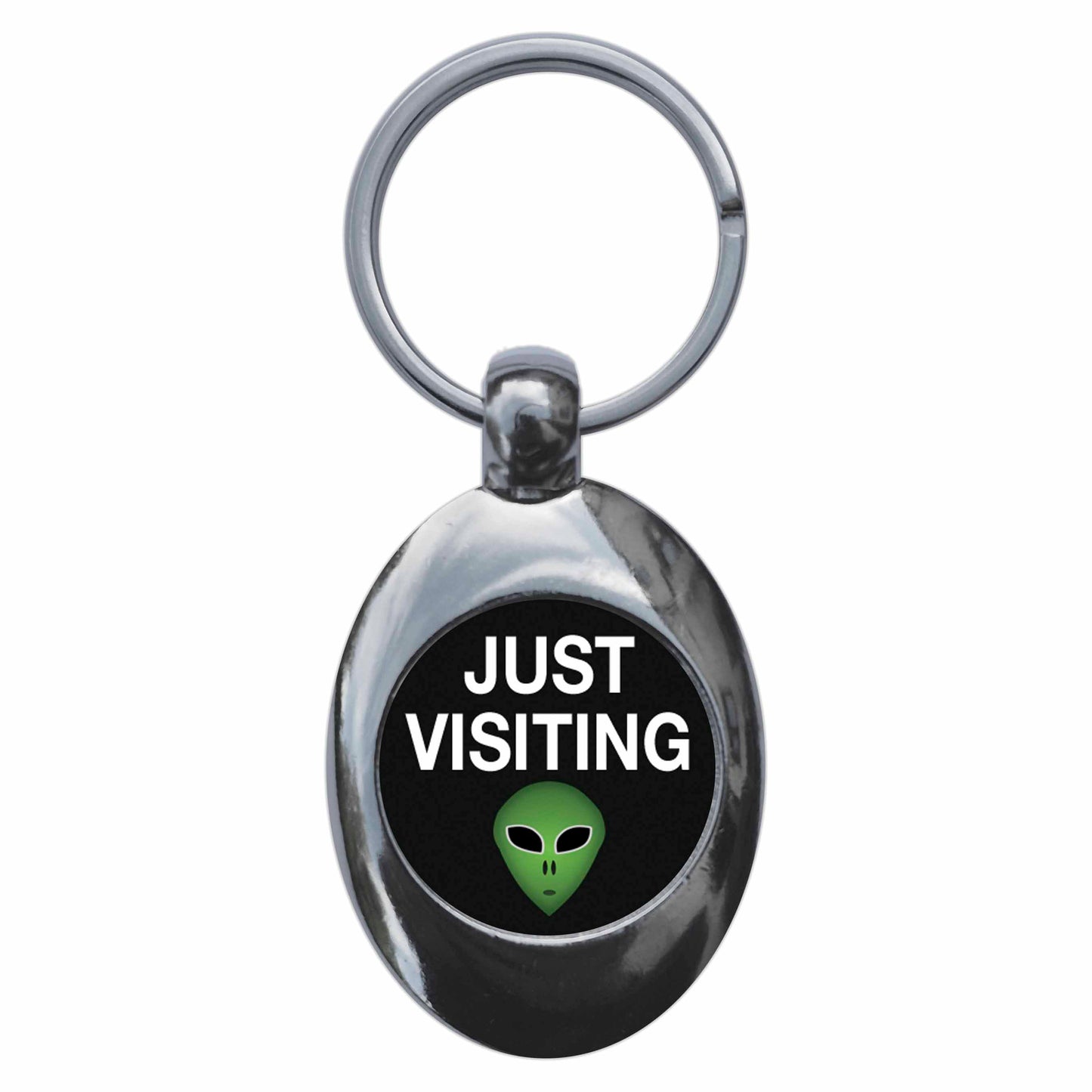 A picture of the front of the product, titled Alien Head Just Visiting Metal Keyring With Trolley Coin