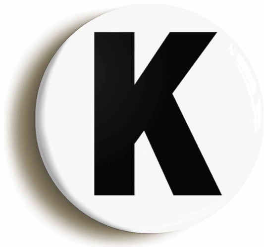 A picture of the front of the product, titled Letter K Button Pin Badge