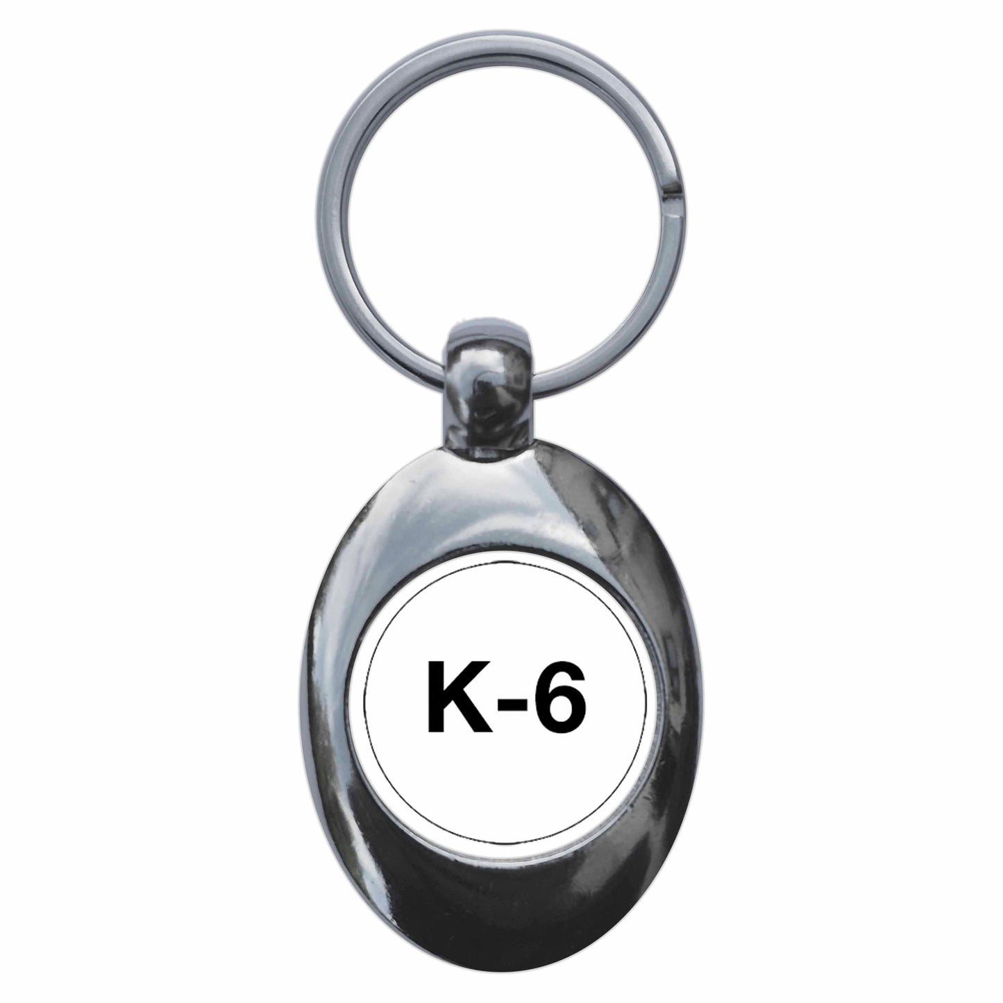A picture of the front of the product, titled K6 Robert Oppenheimer Metal Keyring With Trolley Coin