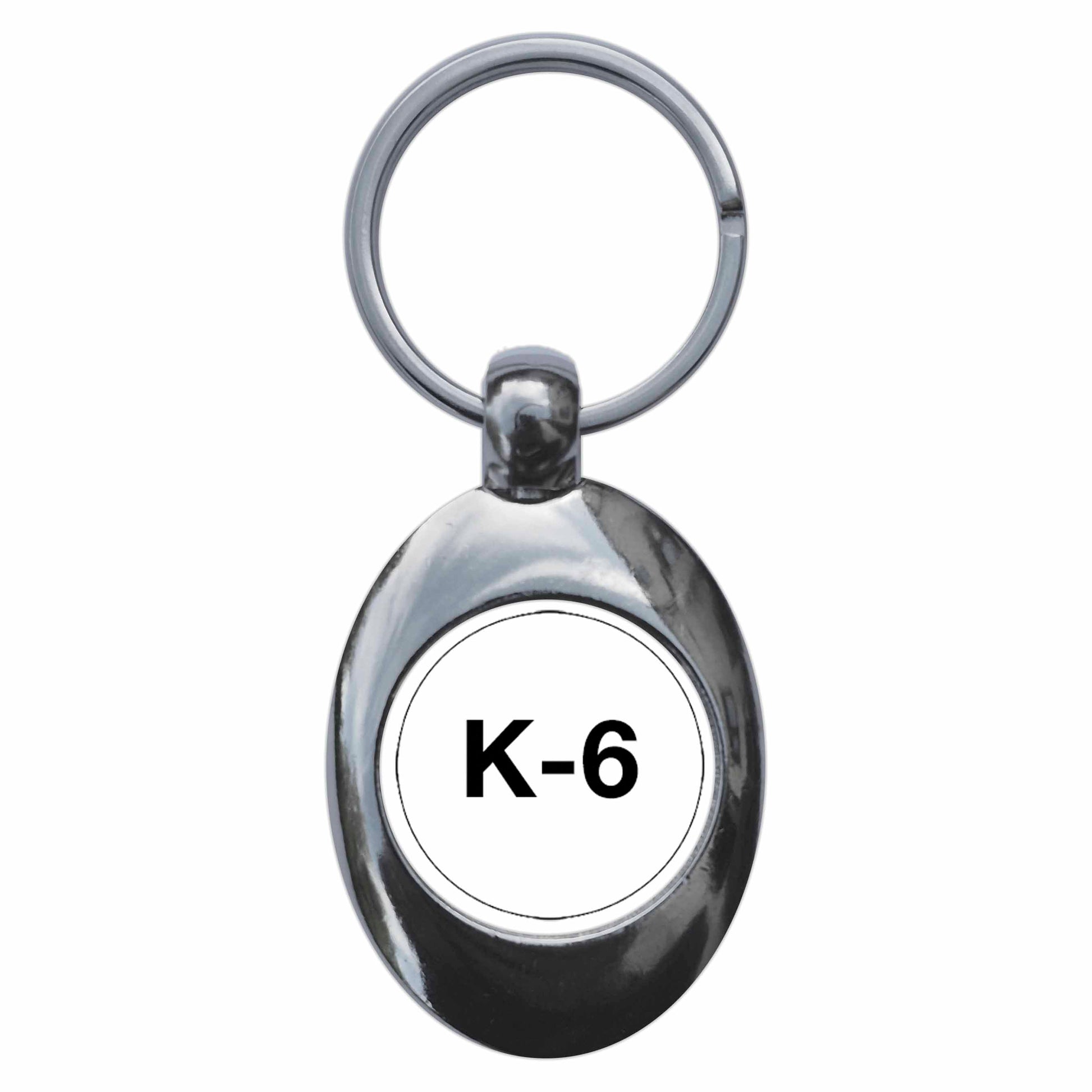 A picture of the front of the product, titled K6 Robert Oppenheimer Metal Keyring With Trolley Coin