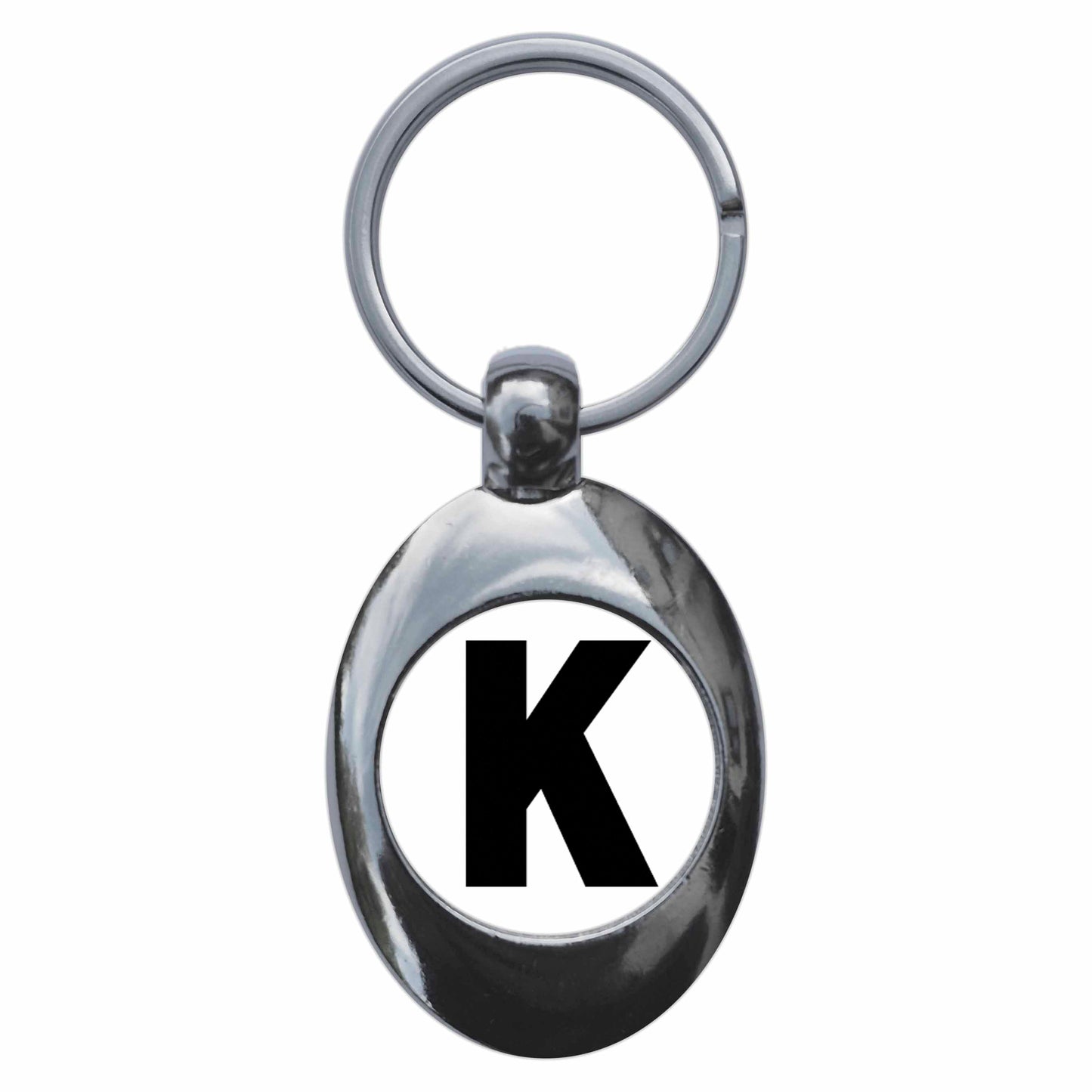 A picture of the front of the product, titled Letter K Metal Keyring With Trolley Coin