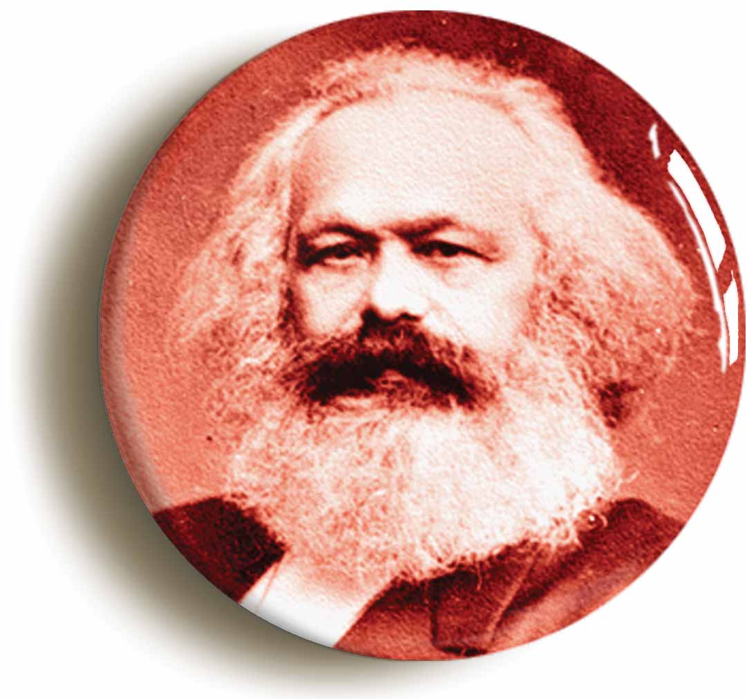 A picture of the front of the product, titled Karl Marx Circular 50mm Fridge Magnet