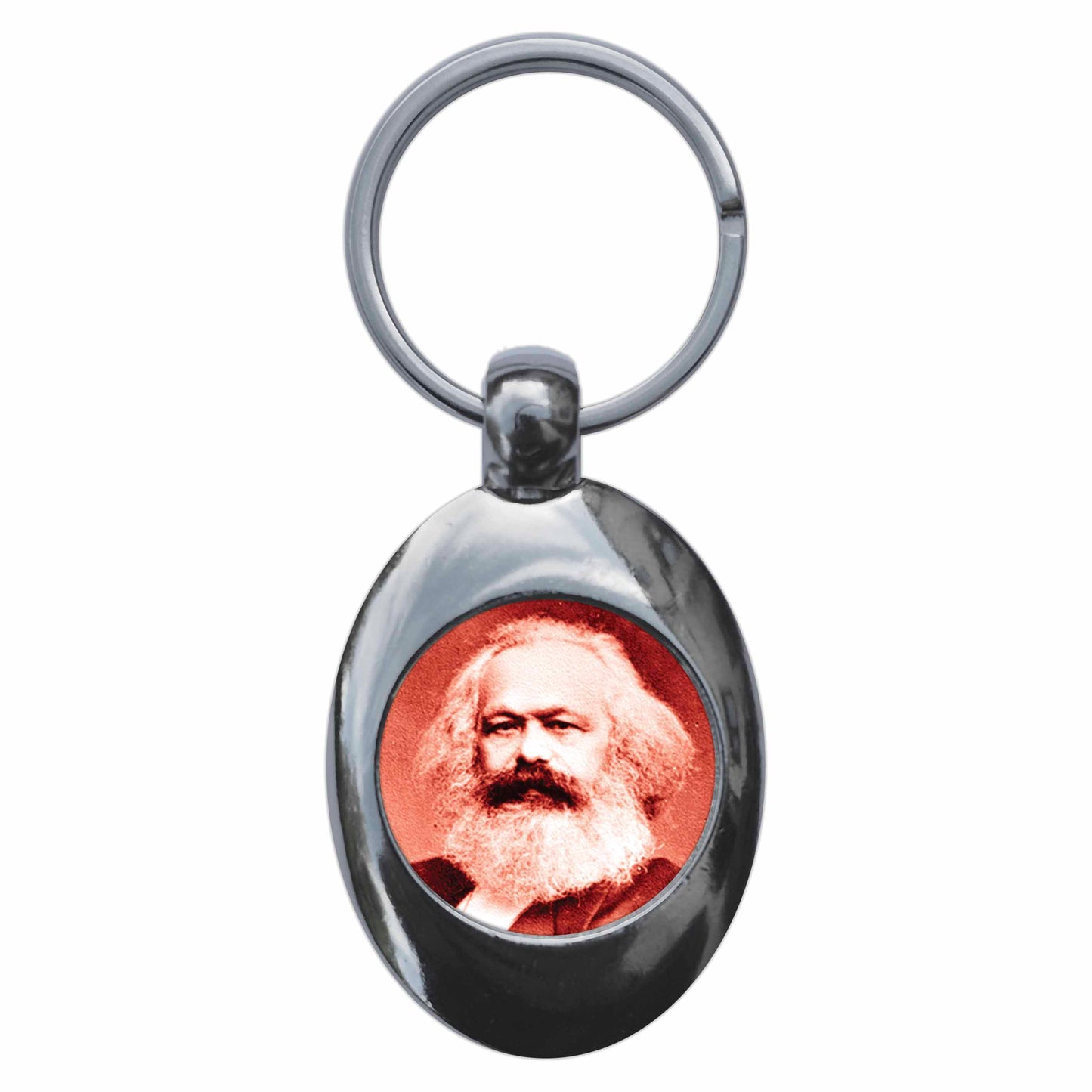 A picture of the front of the product, titled Karl Marx Metal Keyring With Trolley Coin