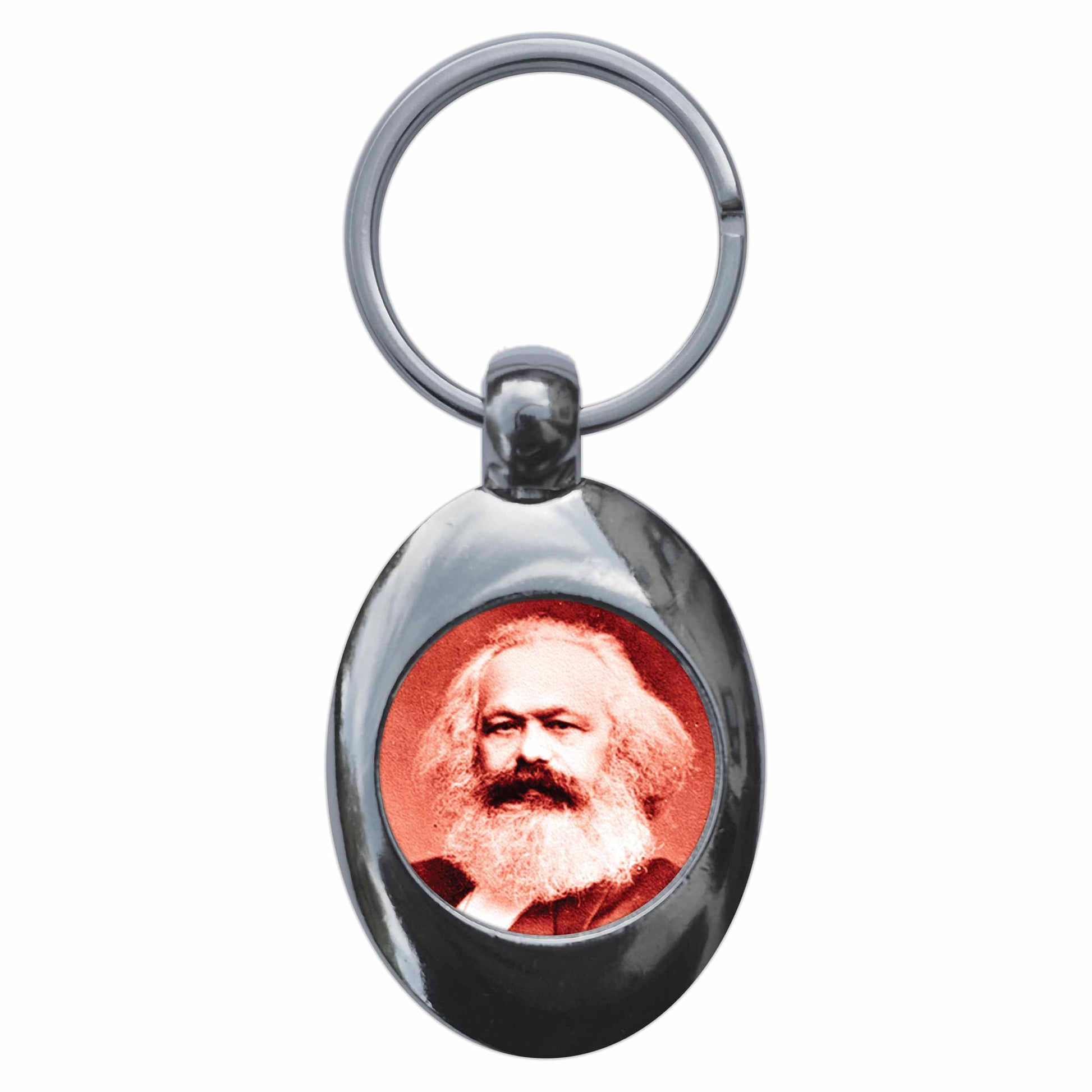 A picture of the front of the product, titled Karl Marx Metal Keyring With Trolley Coin