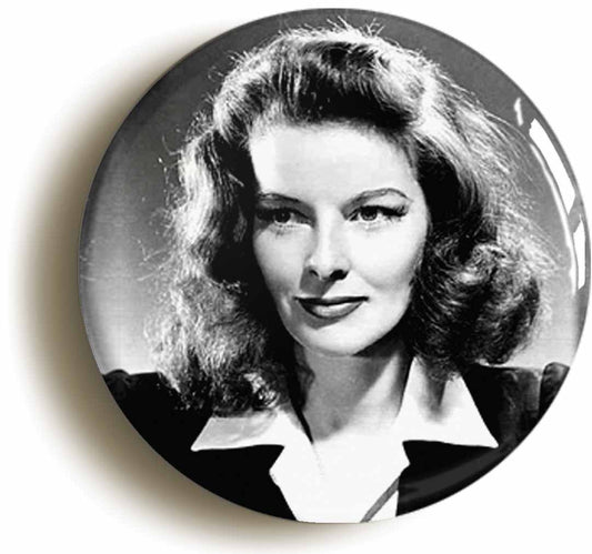 A picture of the front of the product, titled Katharine Hepburn Button Pin Badge