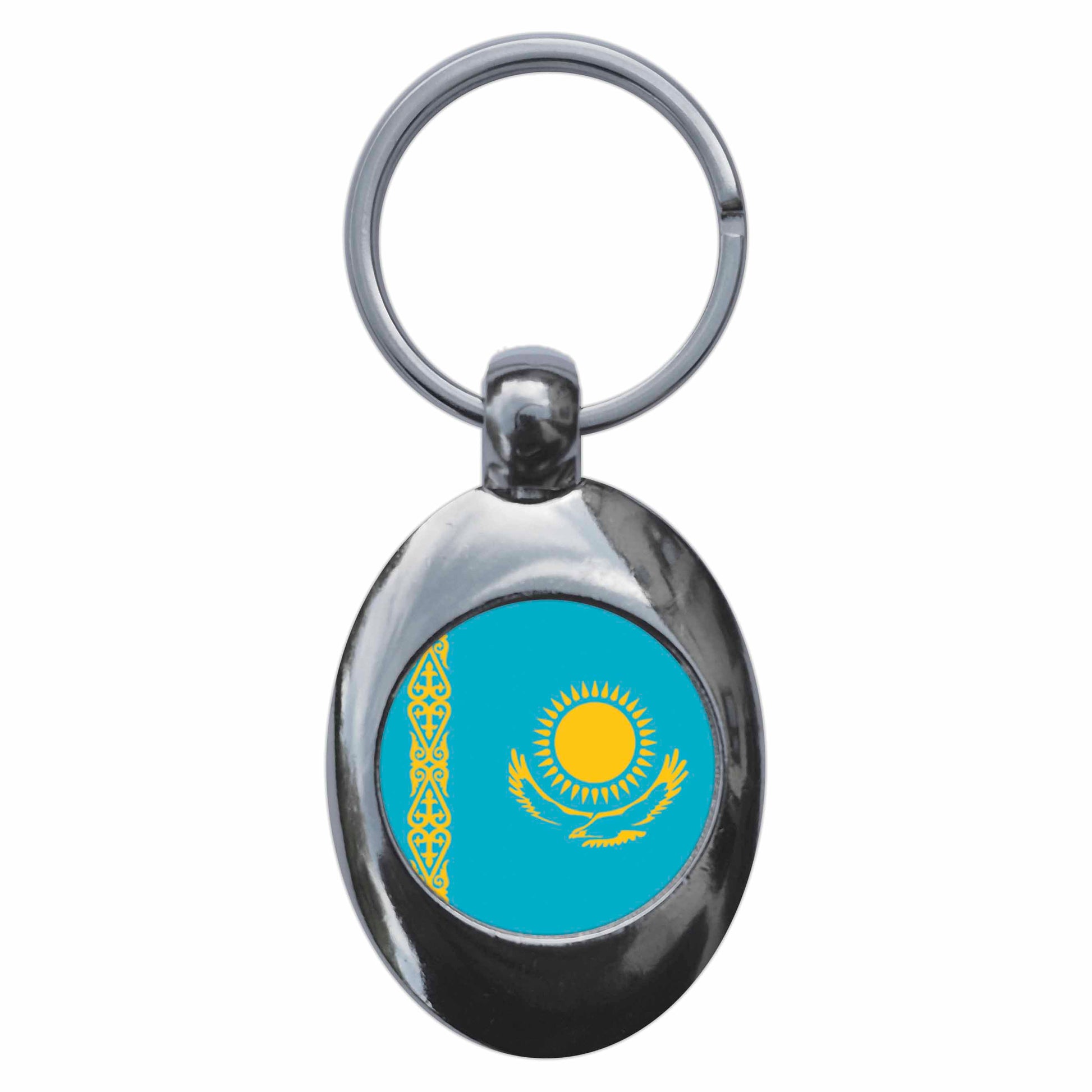 A picture of the front of the product, titled Kazakhstan Kazakh National Flag Metal Keyring With Trolley Coin