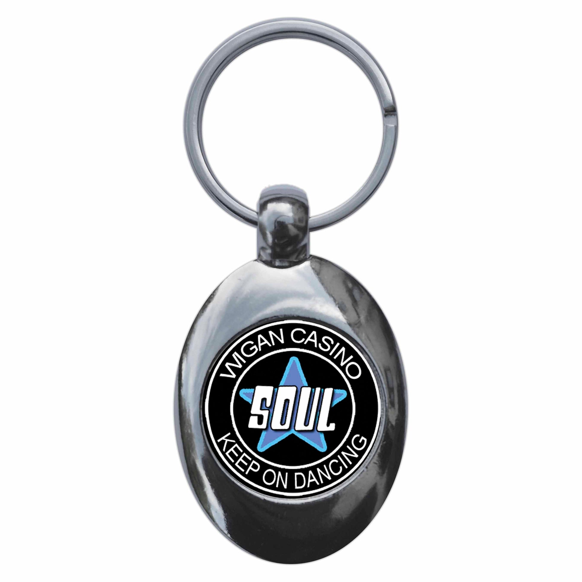 A picture of the front of the product, titled Keep On Dancing Northern Soul Metal Keyring With Trolley Coin