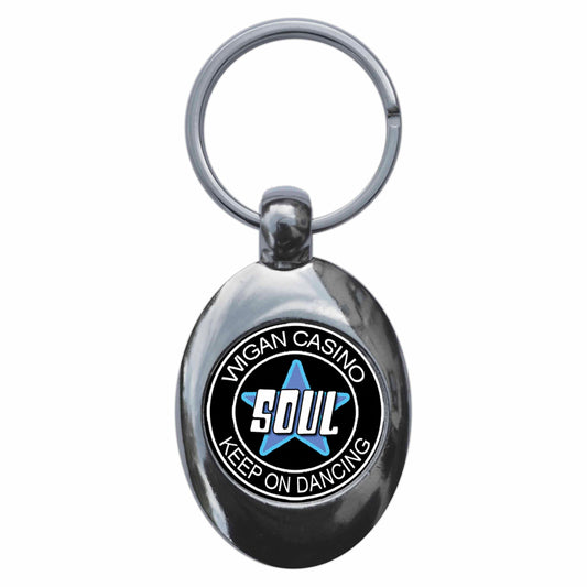A picture of the front of the product, titled Keep On Dancing Northern Soul Metal Keyring With Trolley Coin
