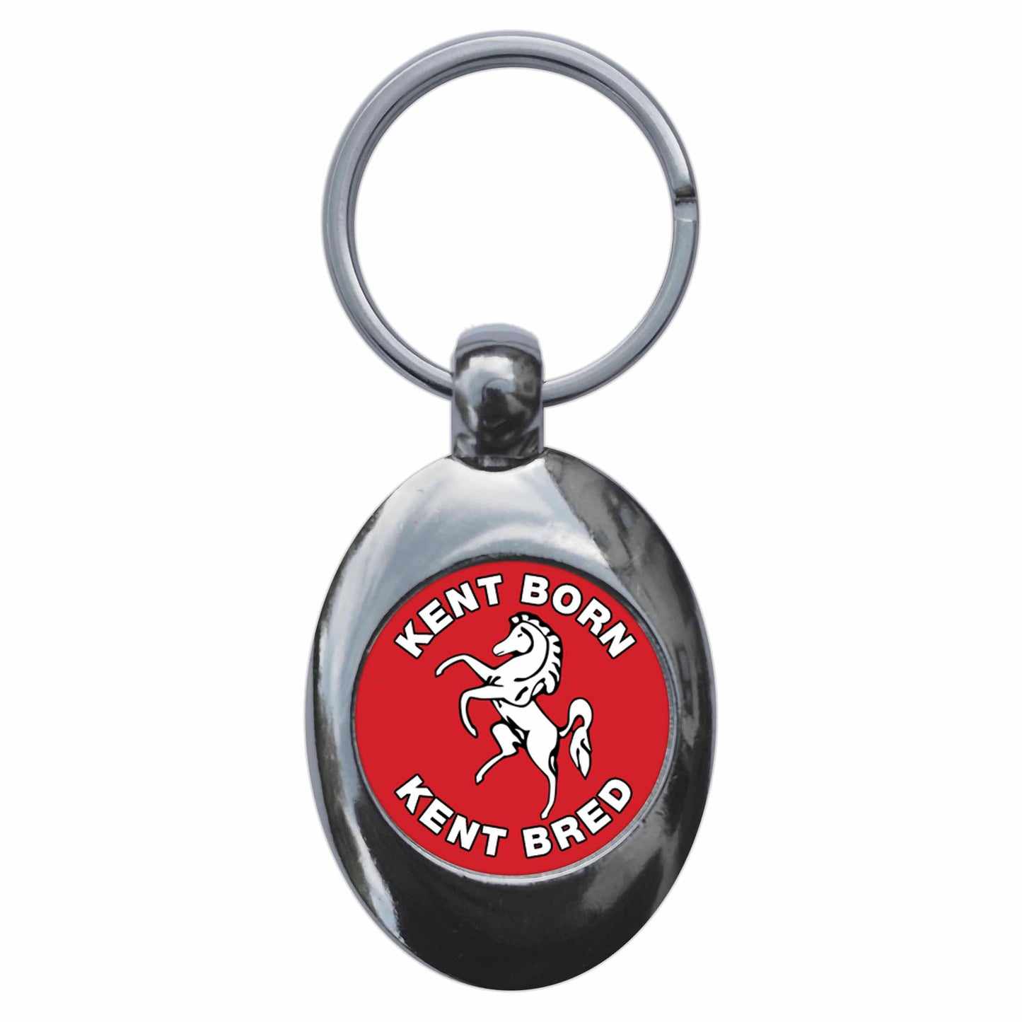 A picture of the front of the product, titled Kent Born Kent Bred Invicta Metal Keyring With Trolley Coin