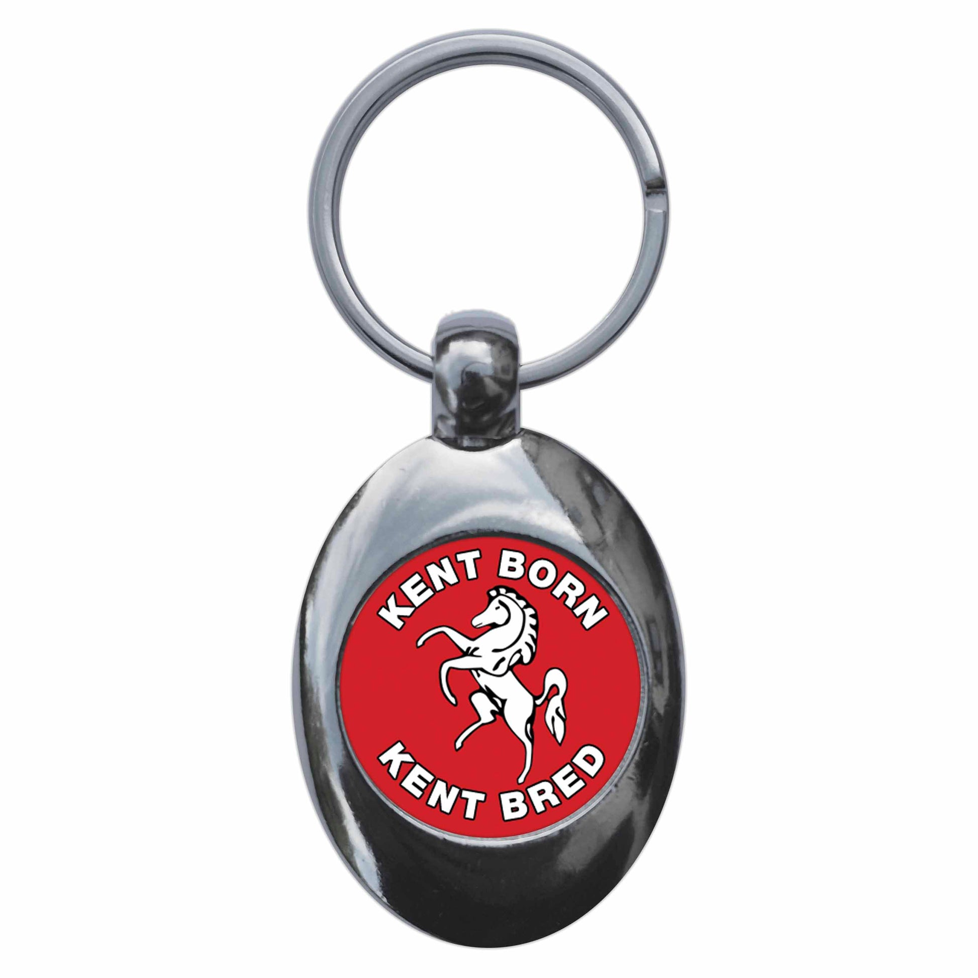 A picture of the front of the product, titled Kent Born Kent Bred Invicta Metal Keyring With Trolley Coin