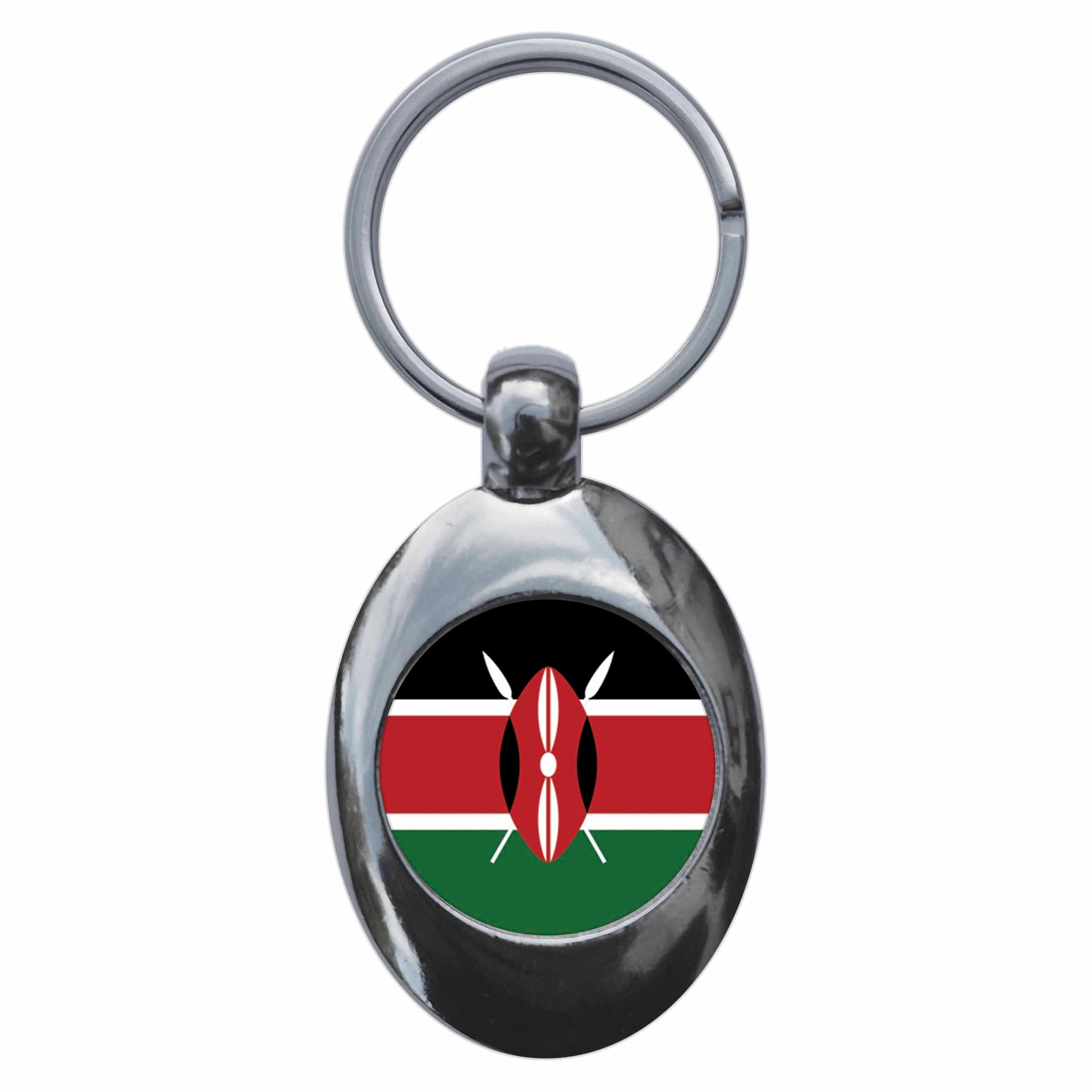 A picture of the front of the product, titled Kenya Kenyan National Flag Metal Keyring With Trolley Coin
