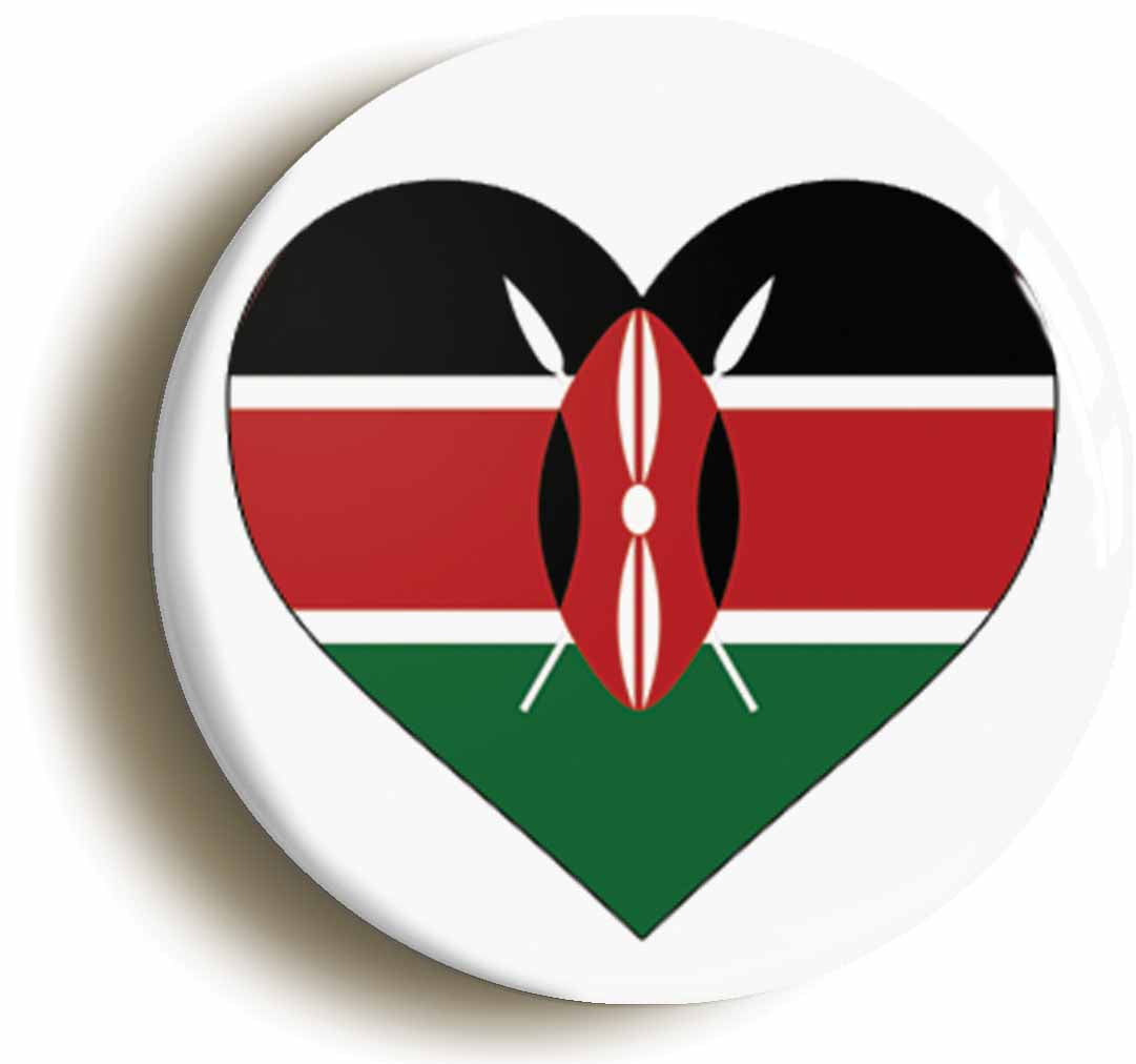 A picture of the front of the product, titled Kenya Kenyan Flag Heart Button Pin Badge