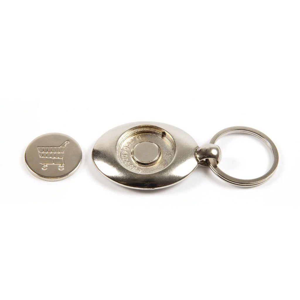The rear of a keyring with a removed shopping trolley coin