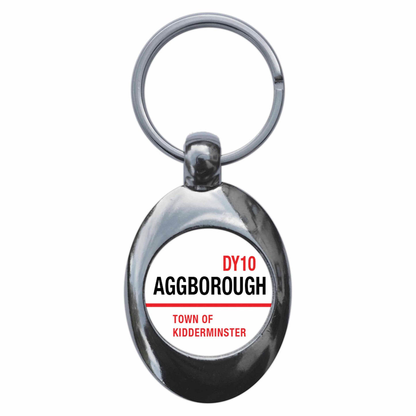 A picture of the front of the product, titled Aggborough DY10 Kidderminster Road Sign Metal Keyring With Trolley Coin