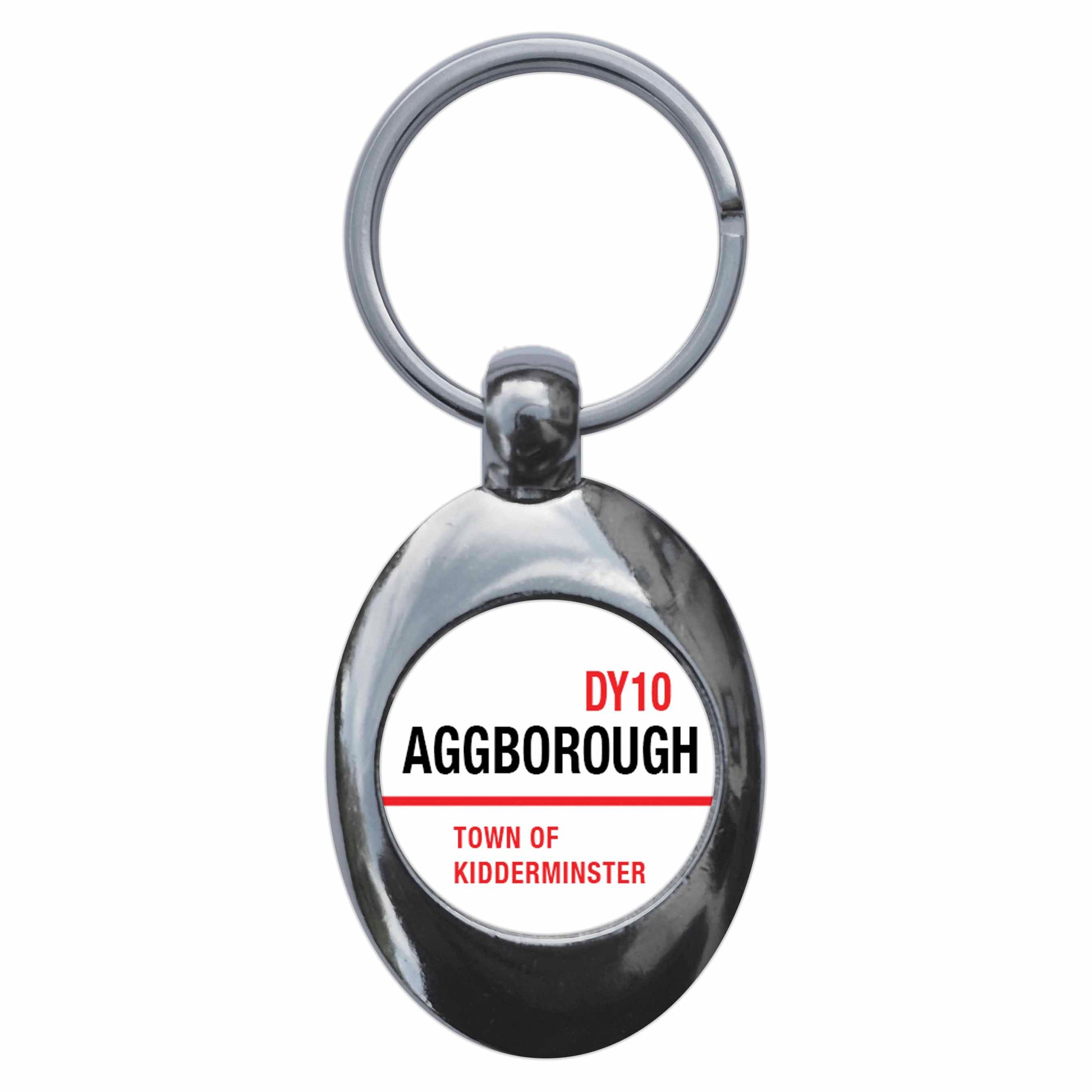 A picture of the front of the product, titled Aggborough DY10 Kidderminster Road Sign Metal Keyring With Trolley Coin