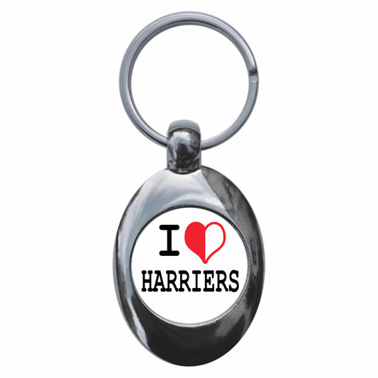A picture of the front of the product, titled I Heart Love Harriers Metal Keyring With Trolley Coin