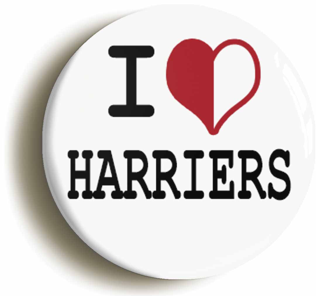 A picture of the front of the product, titled I Heart Love Harriers Circular 50mm Fridge Magnet