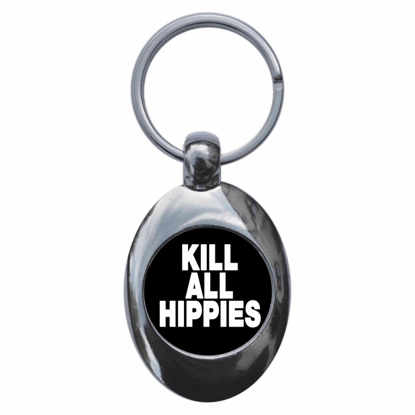 A picture of the front of the product, titled Kill All Hippies Punk Metal Keyring With Trolley Coin