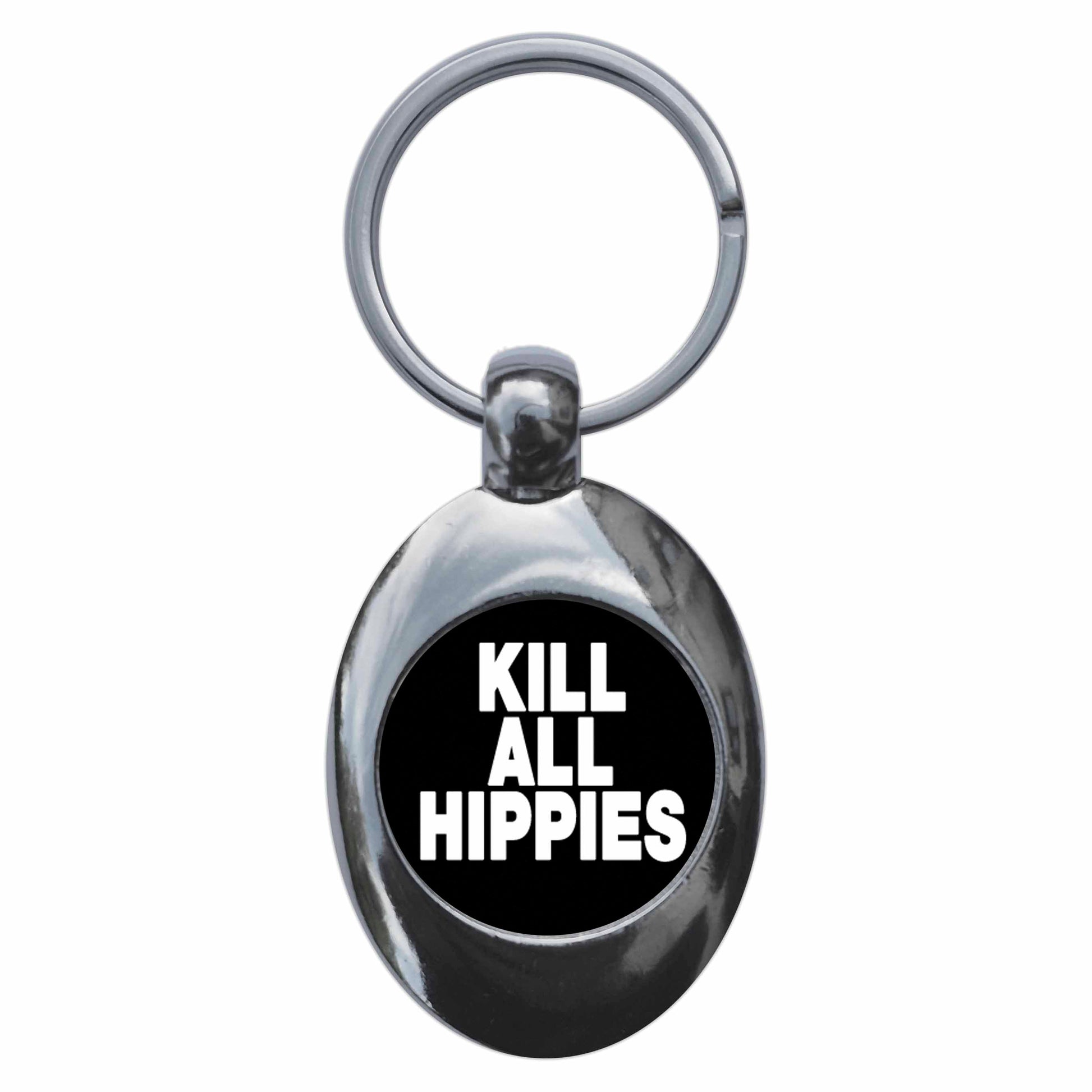 A picture of the front of the product, titled Kill All Hippies Punk Metal Keyring With Trolley Coin