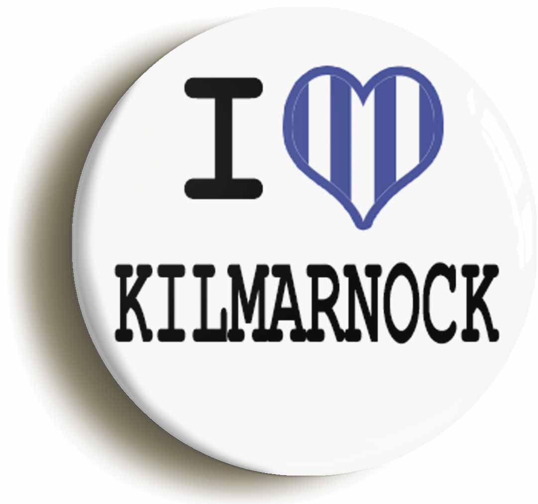 A picture of the front of the product, titled I Heart Love Kilmarnock Circular 50mm Fridge Magnet