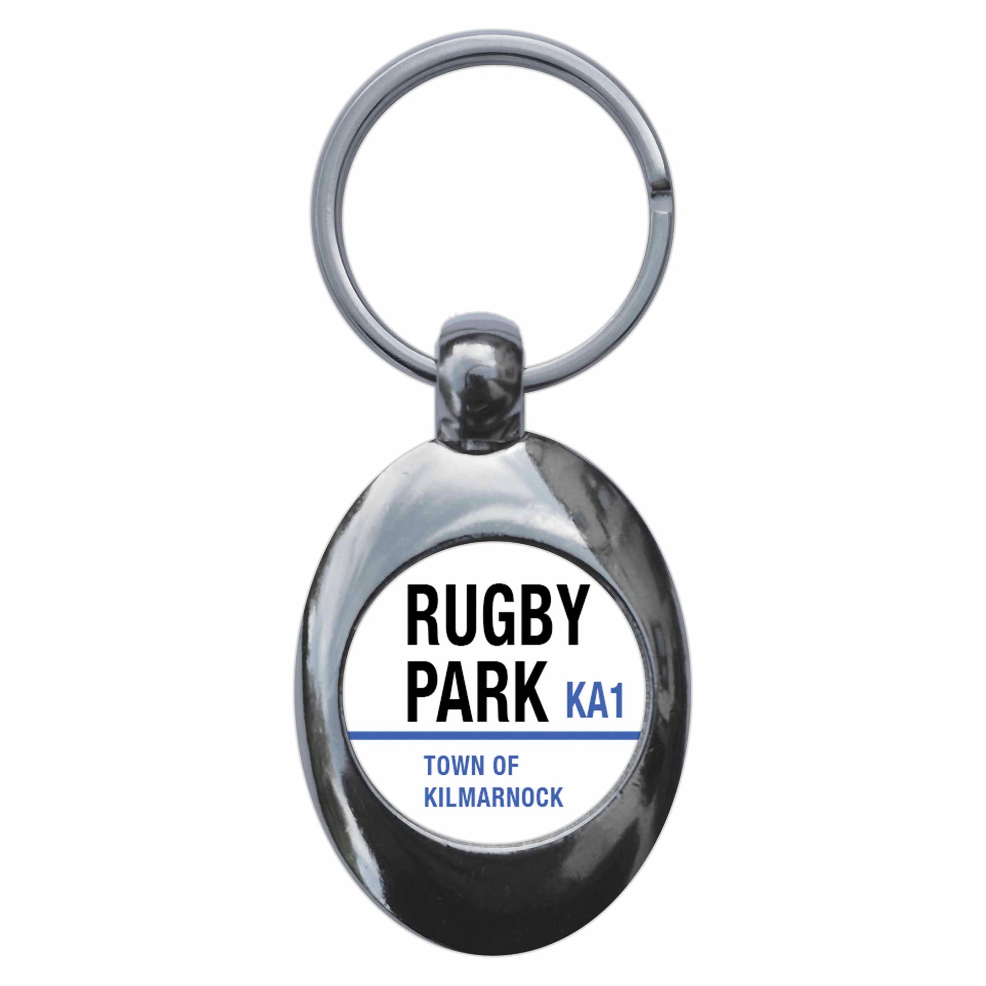 A picture of the front of the product, titled Rugby Park KA1 Kilmarnock Road Sign Metal Keyring With Trolley Coin