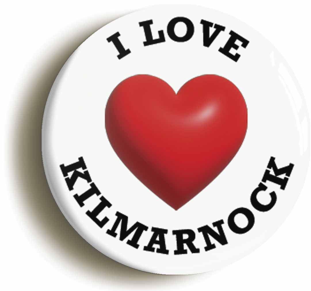 A picture of the front of the product, titled I Heart Love Kilmarnock Location Circular 50mm Fridge Magnet