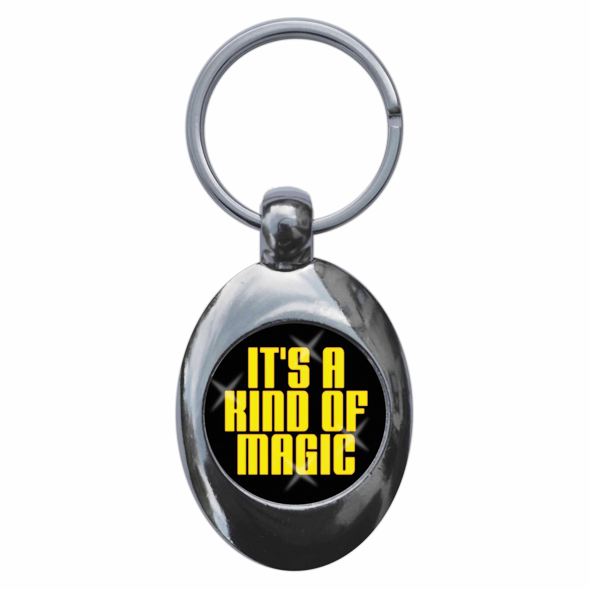 A picture of the front of the product, titled I'm A Kind Of Magic Metal Keyring With Trolley Coin
