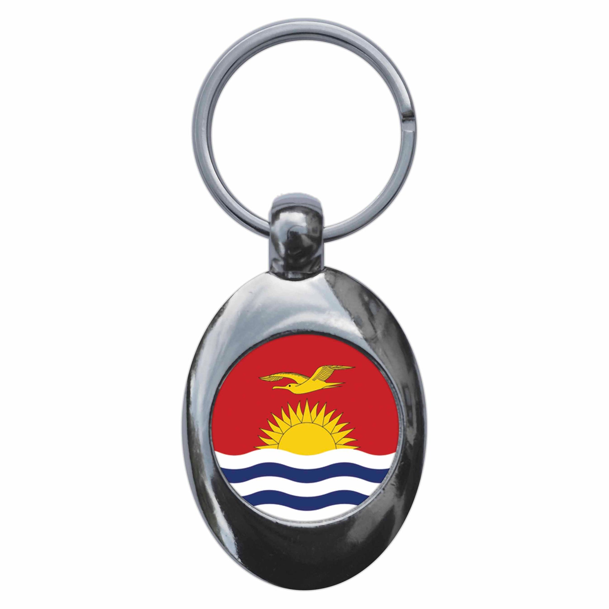 A picture of the front of the product, titled Kiribati National Flag Metal Keyring With Trolley Coin