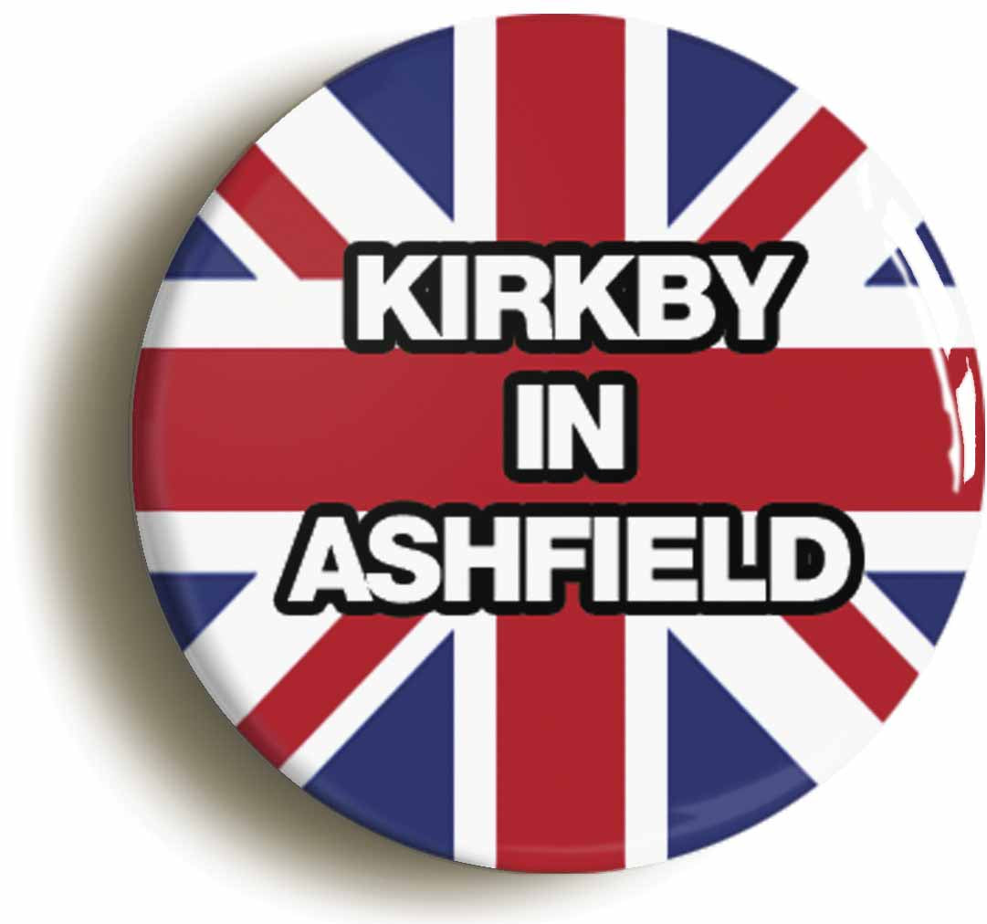 A picture of the front of the product, titled Kirkby-In-Ashfield Union Jack Button Pin Badge