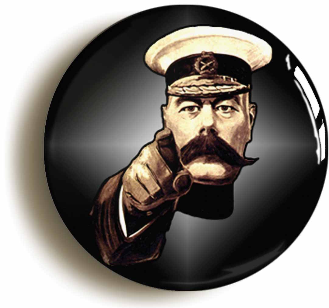 A picture of the front of the product, titled Kitchener Your Country Needs You World War One Retro Button Pin Badge
