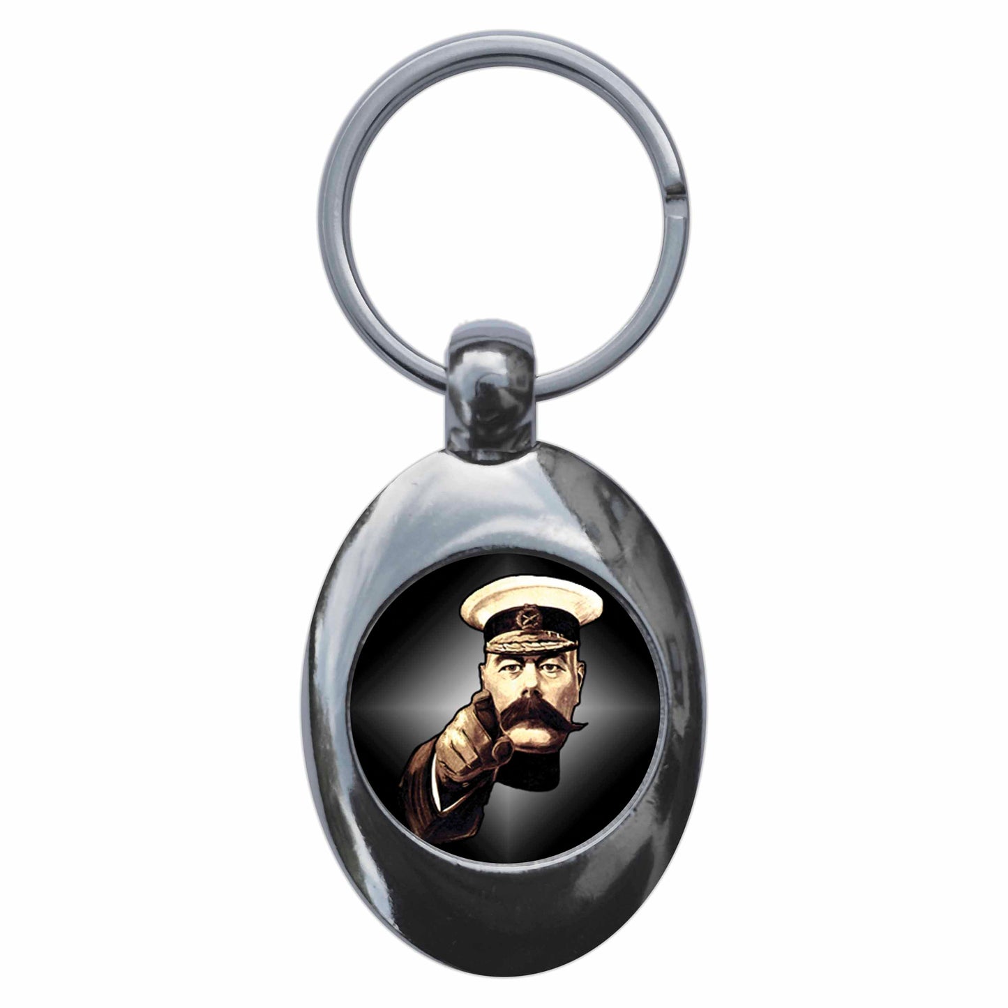 A picture of the front of the product, titled Kitchener Your Country Needs You World War One Retro Metal Keyring With Trolley Coin